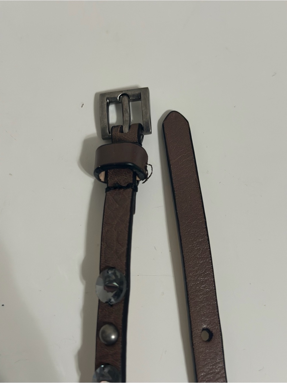 J.Crew Skinny Brown Leather Crystal Studded Belt Women’s Small Boho Y2K 35” - Picture 5 of 10